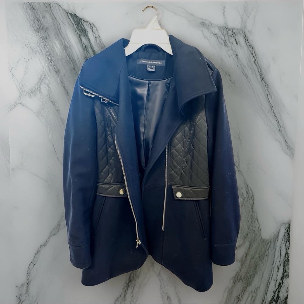 Women Size 2 French Connection Coat in Dark Navy Blue and Black Patchwork